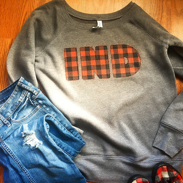 "Indiana Buffalo Plaid" Grey Crewneck Sweatshirt