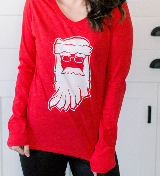 Santa Clause Indiana Red Womens Long Sleeve V-Neck Tee