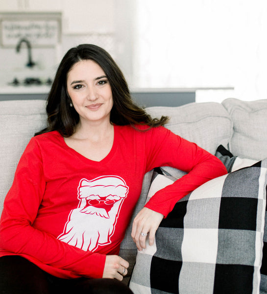 Santa Clause Indiana Red Womens Long Sleeve V-Neck Tee