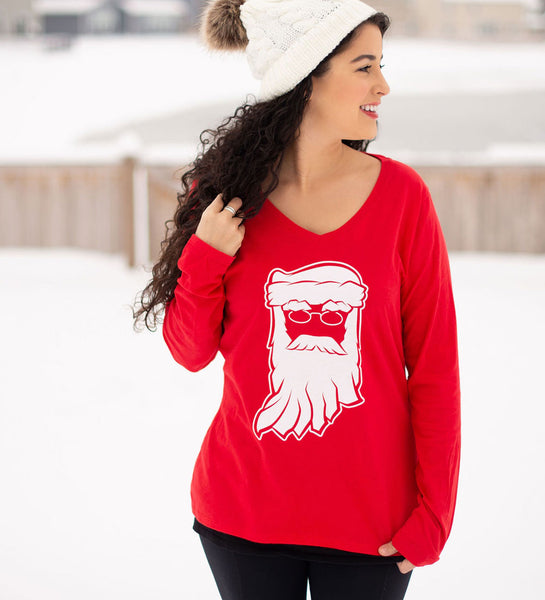 Santa Clause Indiana Red Womens Long Sleeve V-Neck Tee