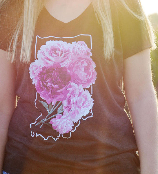 "Indiana Peonies" Womens Vintage Black V-Neck Tee