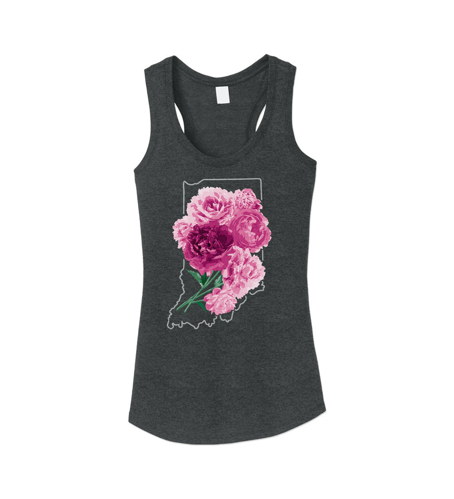 "Indiana Peonies" Womens Vintage Black Racerback Tank