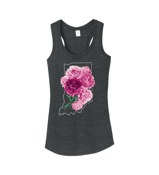 "Indiana Peonies" Womens Vintage Black Racerback Tank
