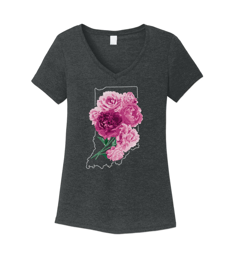 "Indiana Peonies" Womens Vintage Black V-Neck Tee