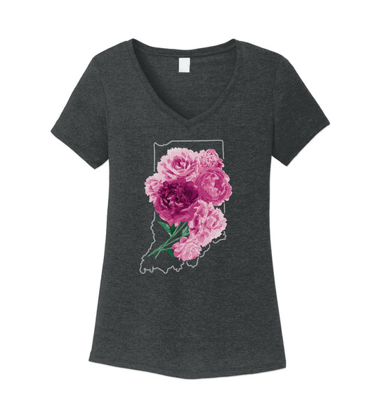 "Indiana Peonies" Womens Vintage Black V-Neck Tee