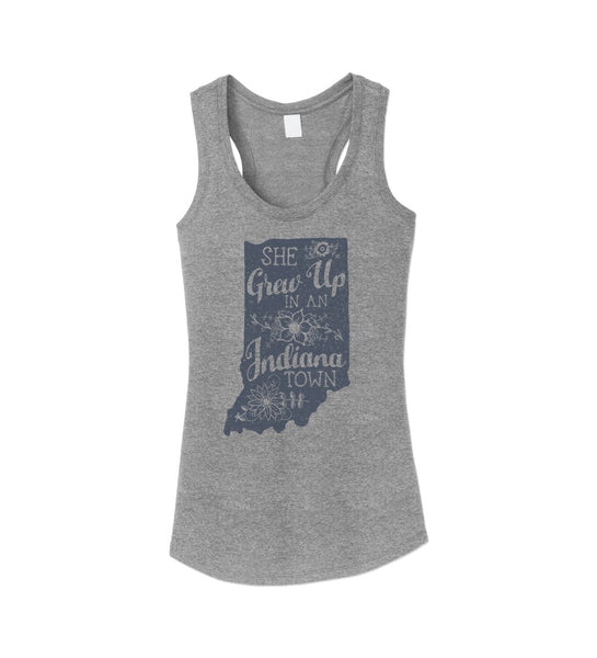 "She Grew Up In An Indiana Town" Womens Vintage Gray Racerback Tank