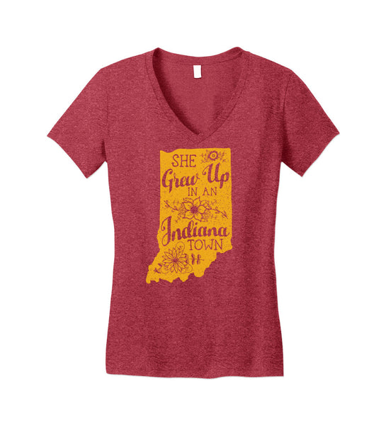 "She Grew Up In An Indiana Town" Womens Vintage Red V-Neck Tee