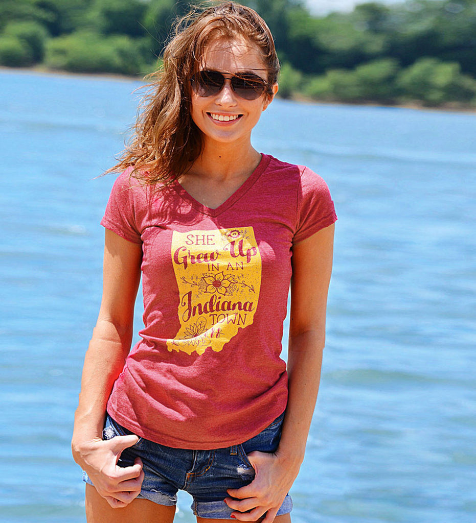 "She Grew Up In An Indiana Town" Womens Vintage Red V-Neck Tee