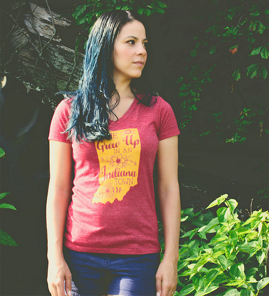 "She Grew Up In An Indiana Town" Womens Vintage Red V-Neck Tee