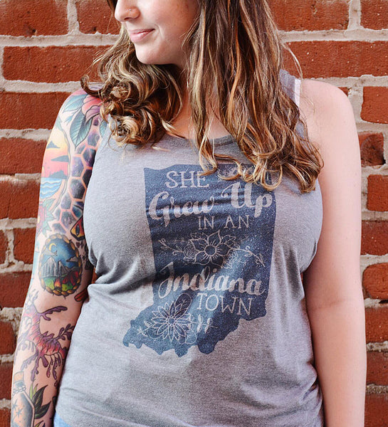 "She Grew Up In An Indiana Town" Womens Vintage Gray Racerback Tank