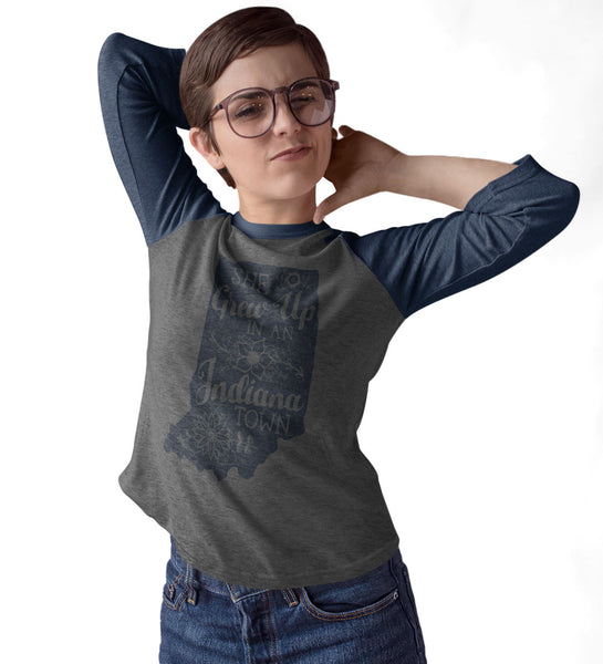 "She Grew Up In An Indiana Town" Womens Vintage Blue/Gray Raglan Tee