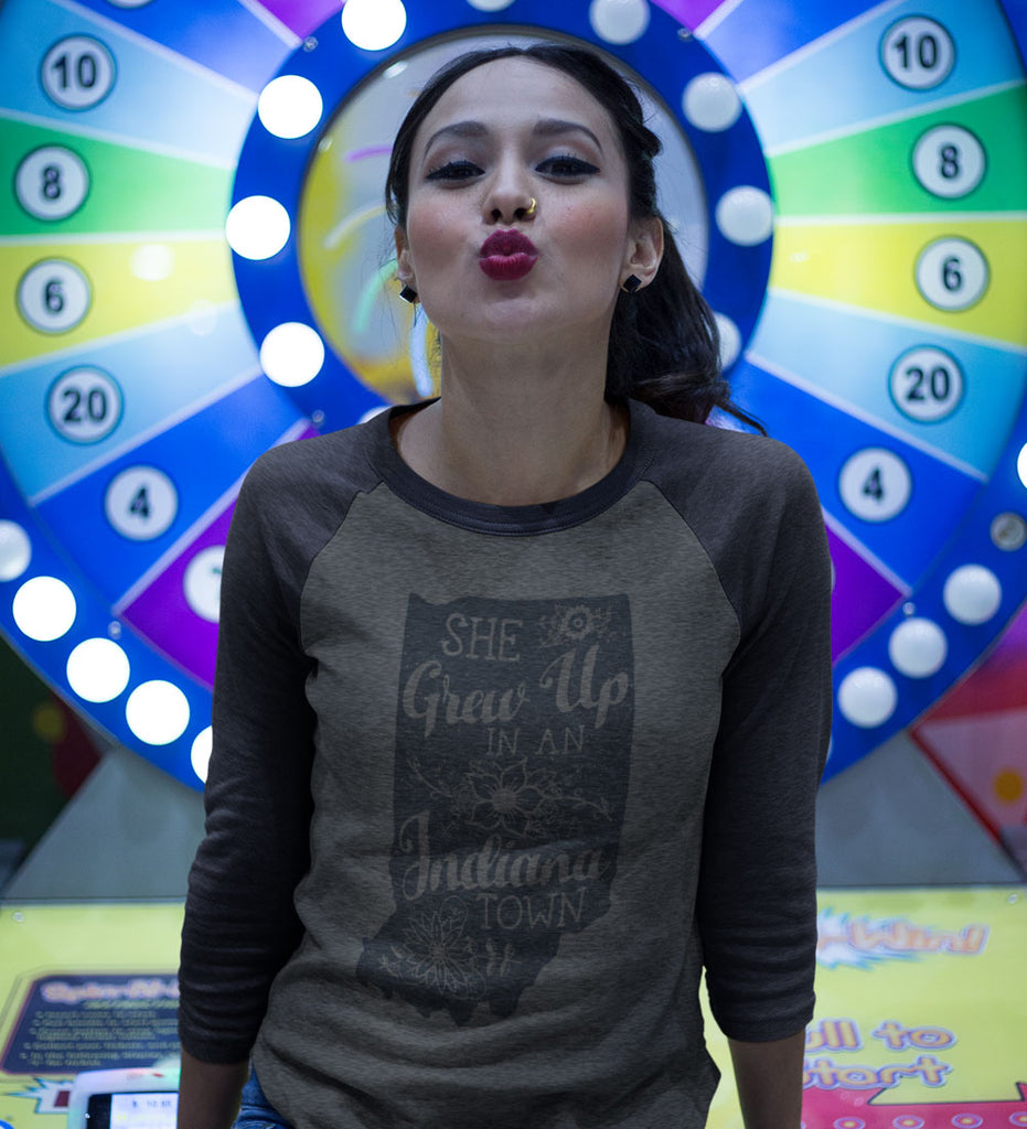 "She Grew Up In An Indiana Town" Womens Vintage Blue/Gray Raglan Tee