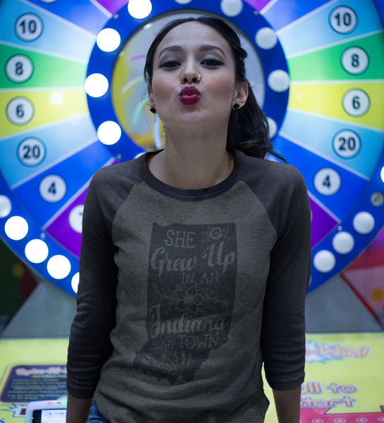 "She Grew Up In An Indiana Town" Womens Vintage Blue/Gray Raglan Tee