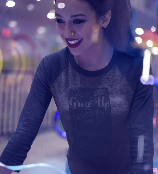 "She Grew Up In An Indiana Town" Womens Vintage Blue/Gray Raglan Tee