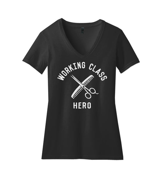 "Working Class Hero - Hairstylist" Womens Black V-Neck Tee