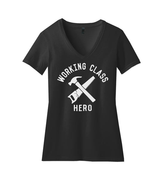 "Working Class Hero - Construction" Womens Black V-Neck Tee