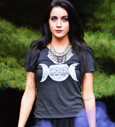 "Wicked Woman" Vintage Gray Womens V-Neck Tee