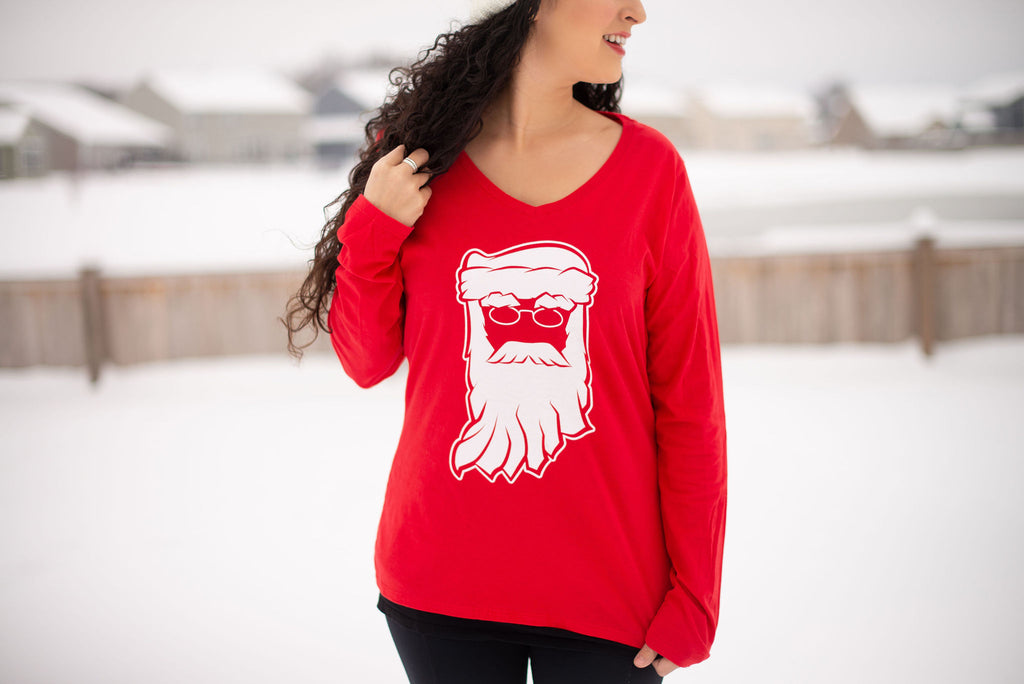 Indiana Santa Womens Tee: Red V-Neck Christmas Shirt