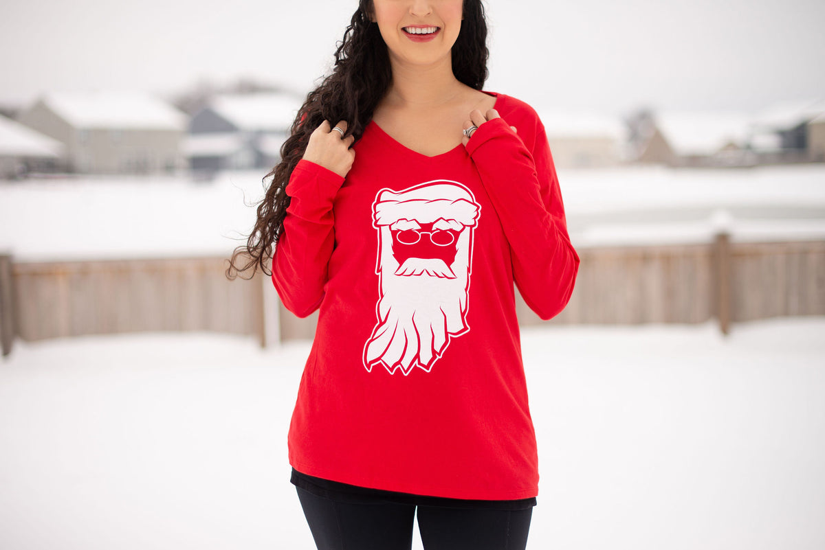 Indiana Santa Womens Tee: Red V-Neck Christmas Shirt