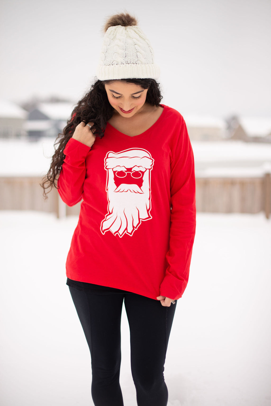 Indiana Santa Womens Tee: Red V-Neck Christmas Shirt