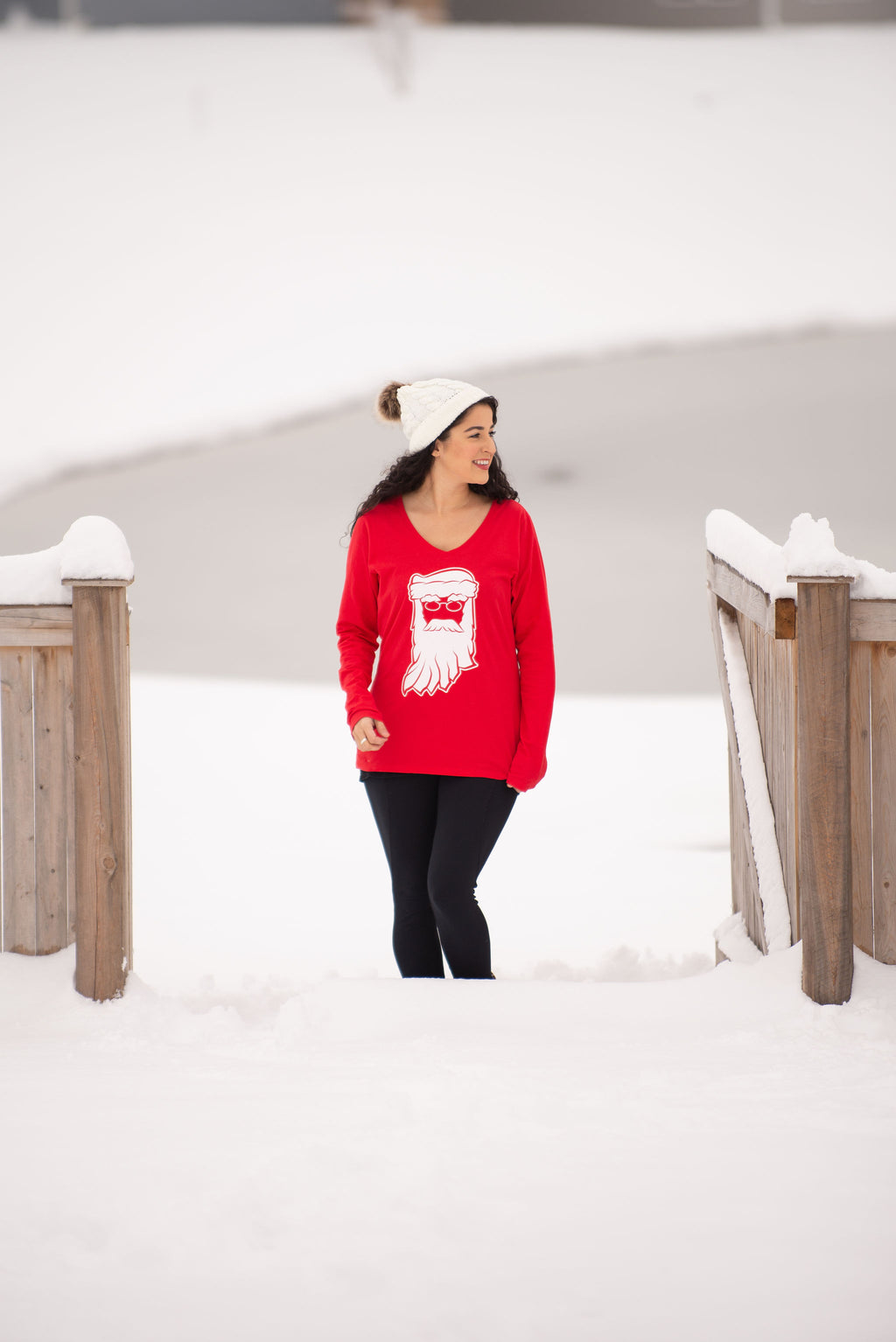 Indiana Santa Womens Tee: Red V-Neck Christmas Shirt