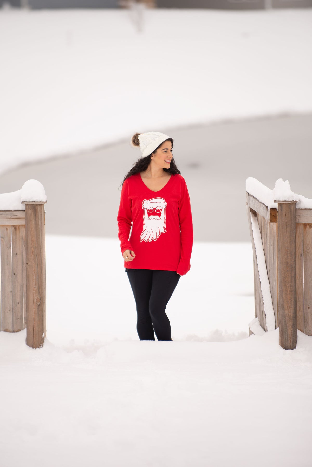 Indiana Santa Womens Tee: Red V-Neck Christmas Shirt