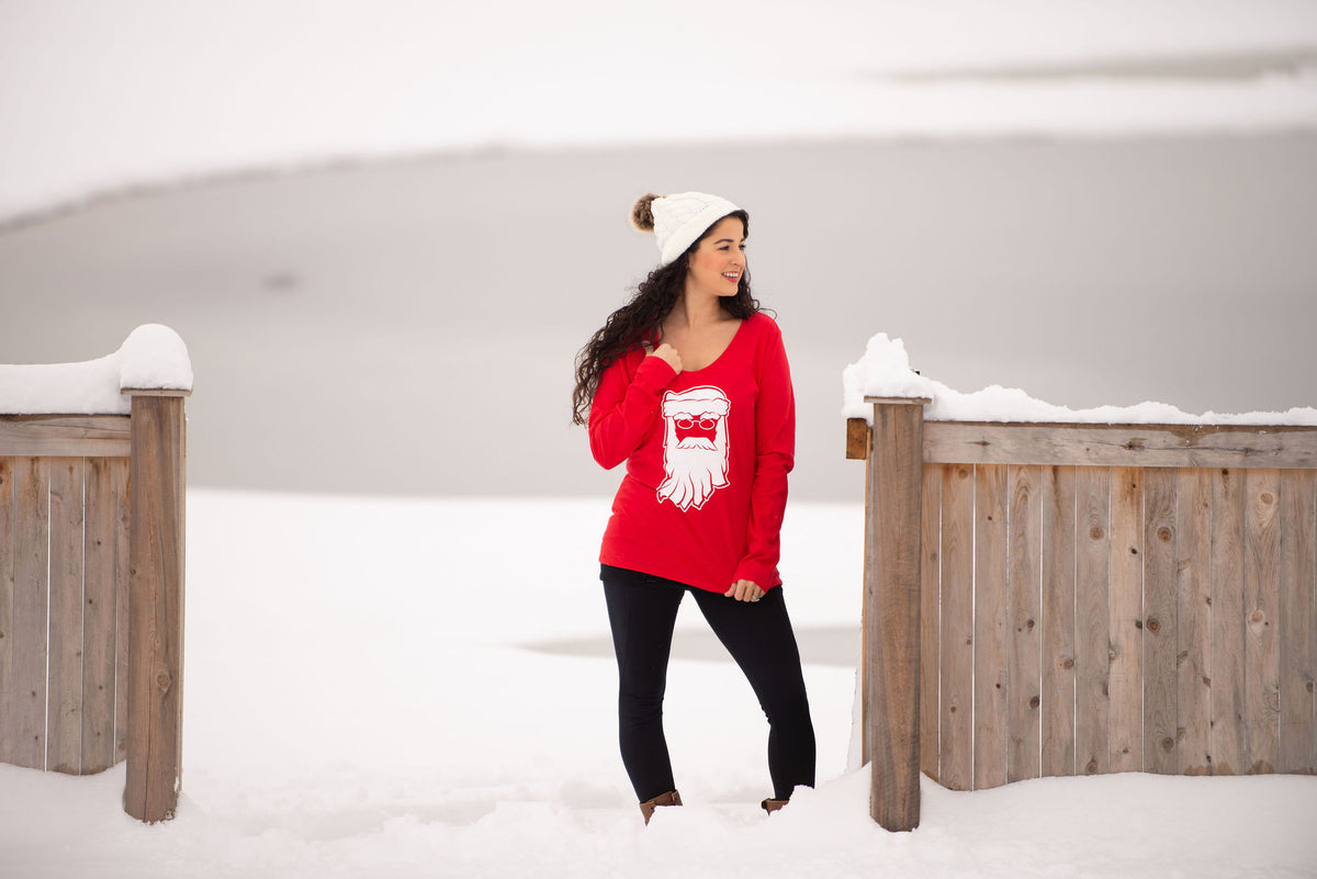 Indiana Santa Womens Tee: Red V-Neck Christmas Shirt