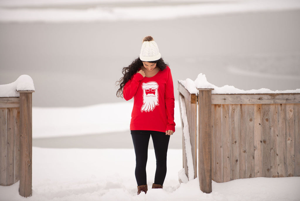 Indiana Santa Womens Tee: Red V-Neck Christmas Shirt