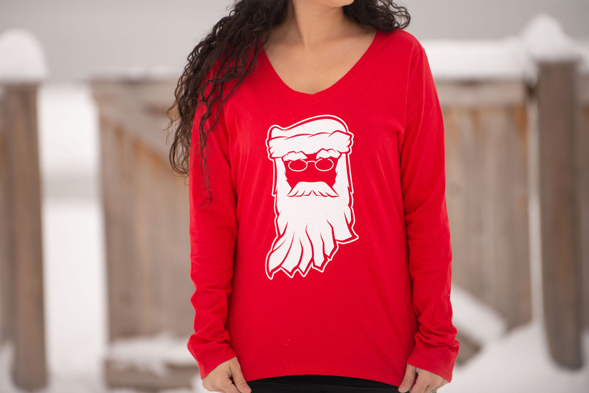 Indiana Santa Womens Tee: Red V-Neck Christmas Shirt