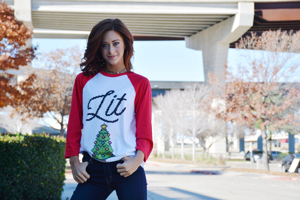 Lit Christmas Tree Raglan Tee: Funny Xmas Shirt