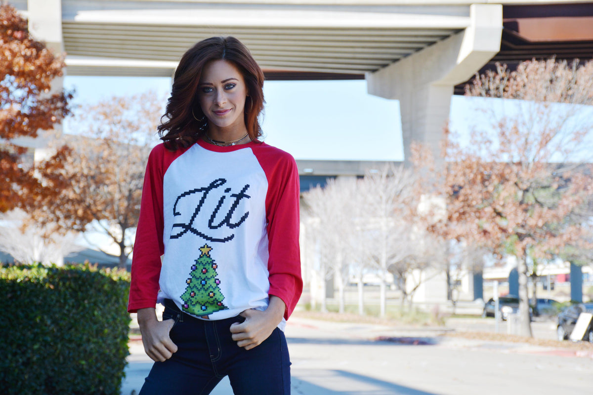 Lit Christmas Tree Raglan Tee: Funny Xmas Shirt