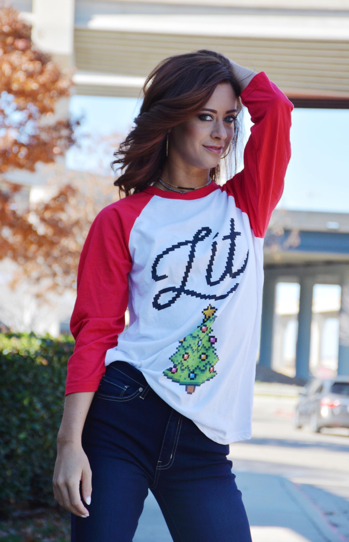 Lit Christmas Tree Raglan Tee: Funny Xmas Shirt