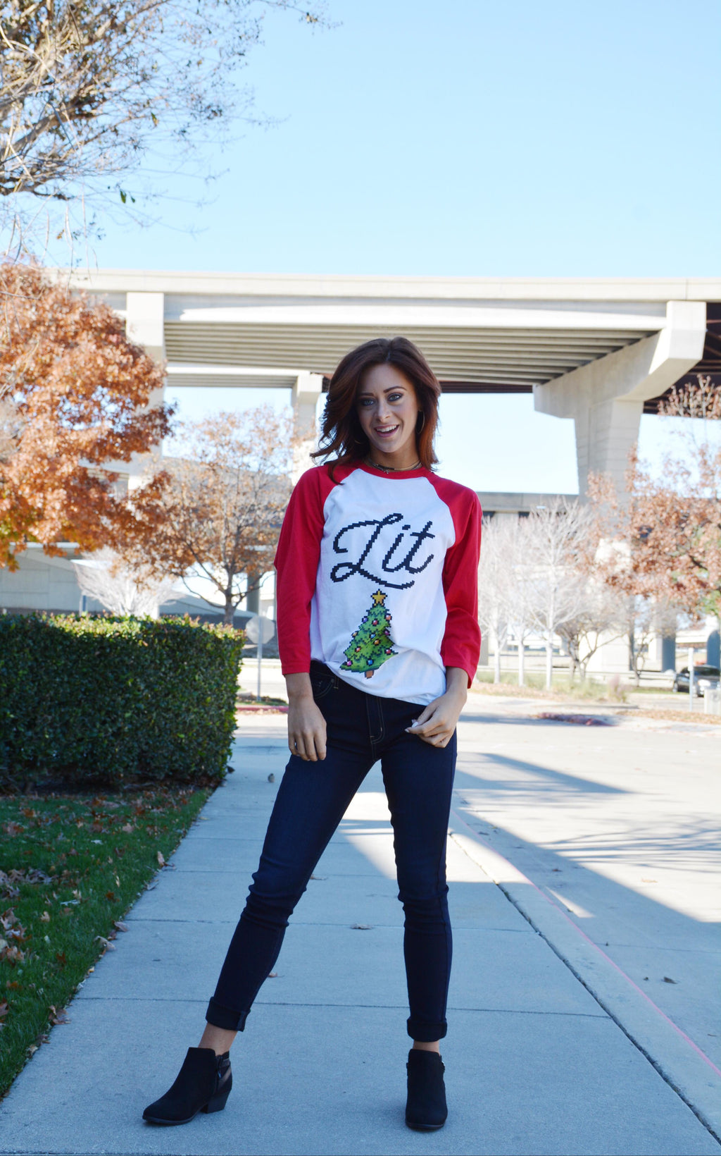 Lit Christmas Tree Raglan Tee: Funny Xmas Shirt