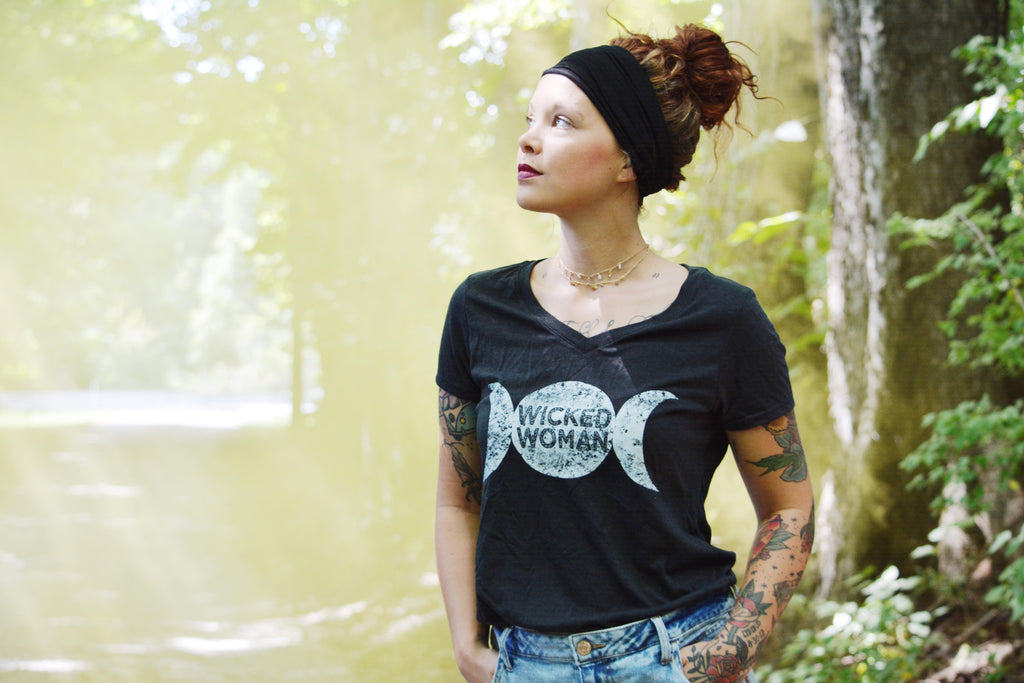 Triple Moon Goddess Tee: Witchy Lunar V-Neck Shirt