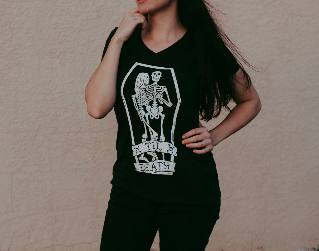 Til Death Tee: Skeleton Couple Womens V-Neck Shirt