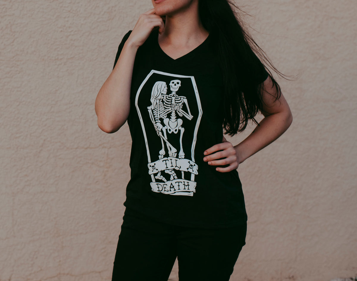 Til Death Tee: Skeleton Couple Womens V-Neck Shirt