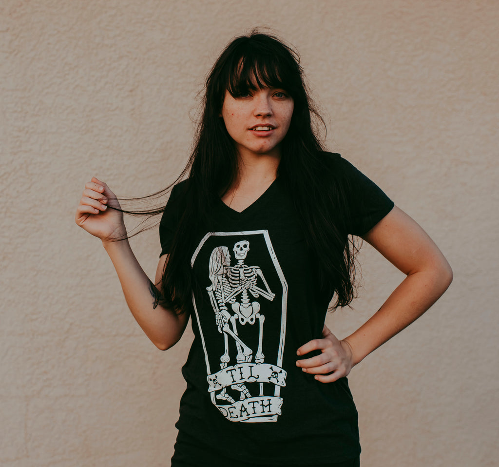 Til Death Tee: Skeleton Couple Womens V-Neck Shirt