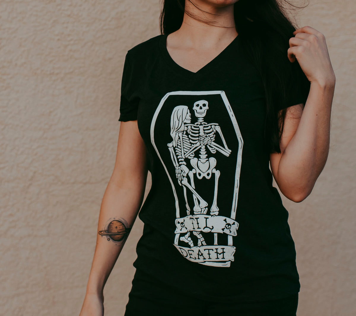 Til Death Tee: Skeleton Couple Womens V-Neck Shirt