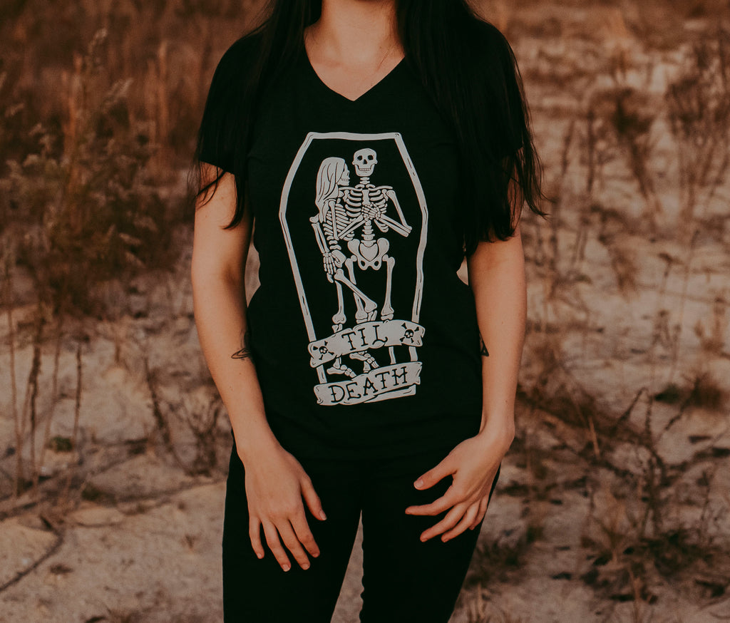 Til Death Tee: Skeleton Couple Womens V-Neck Shirt