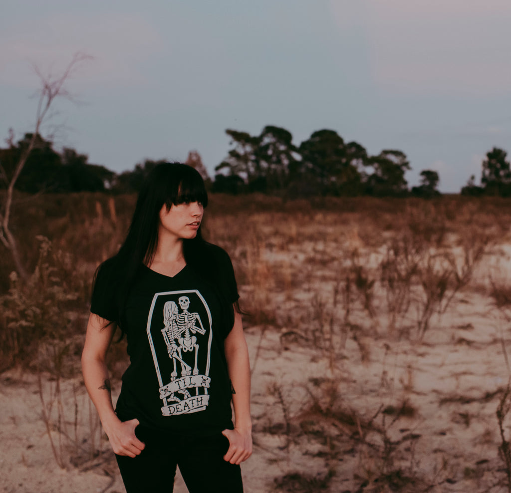Til Death Tee: Skeleton Couple Womens V-Neck Shirt
