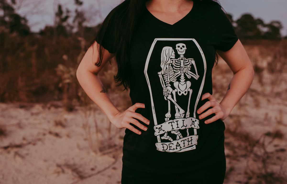 Til Death Tee: Skeleton Couple Womens V-Neck Shirt