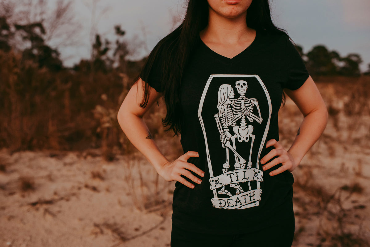 Til Death Tee: Skeleton Couple Womens V-Neck Shirt