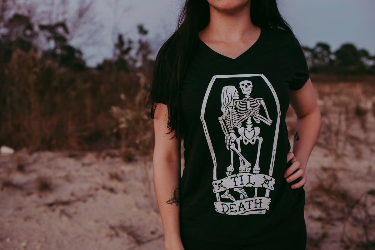 Til Death Tee: Skeleton Couple Womens V-Neck Shirt