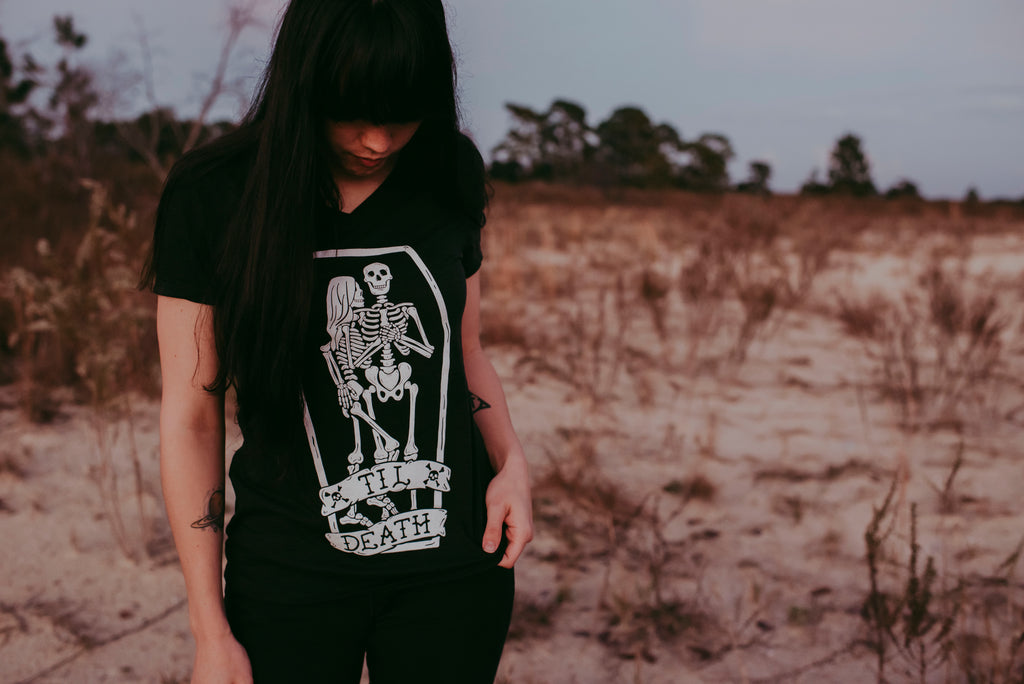 Til Death Tee: Skeleton Couple Womens V-Neck Shirt