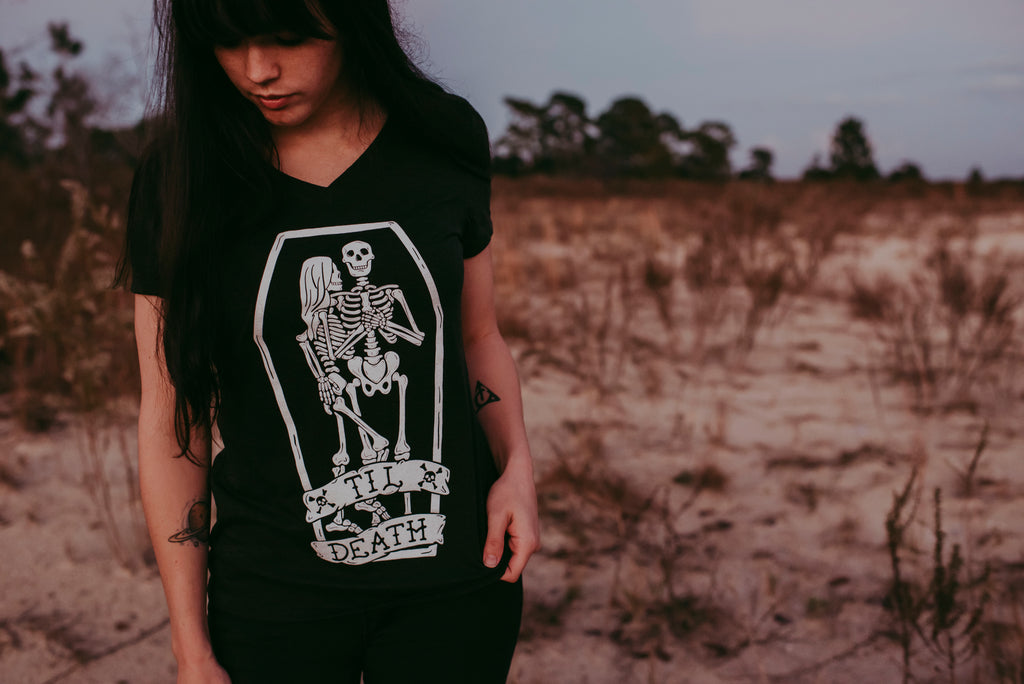 Til Death Tee: Skeleton Couple Womens V-Neck Shirt