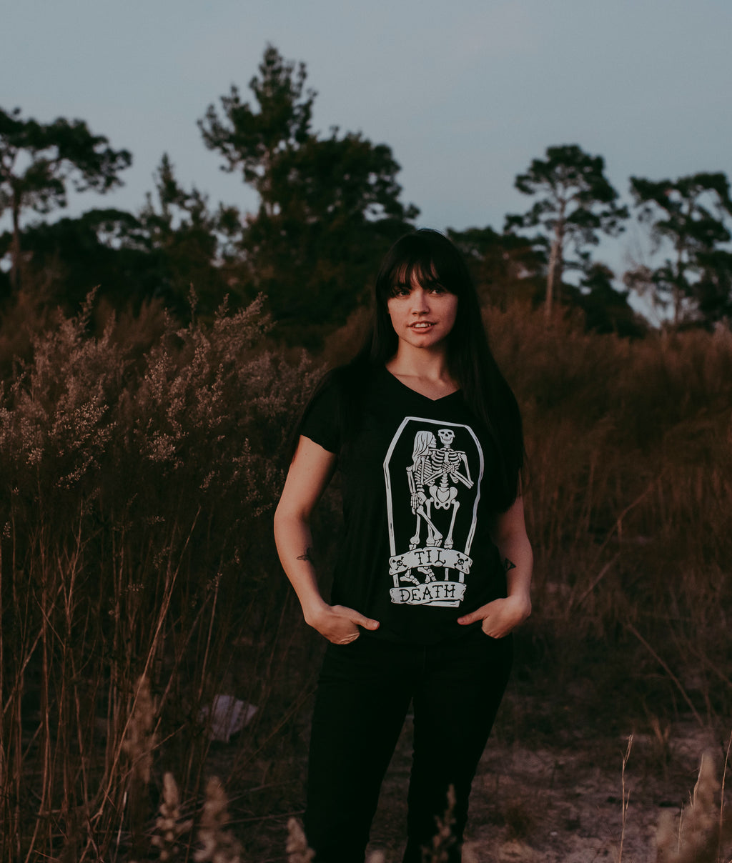 Til Death Tee: Skeleton Couple Womens V-Neck Shirt
