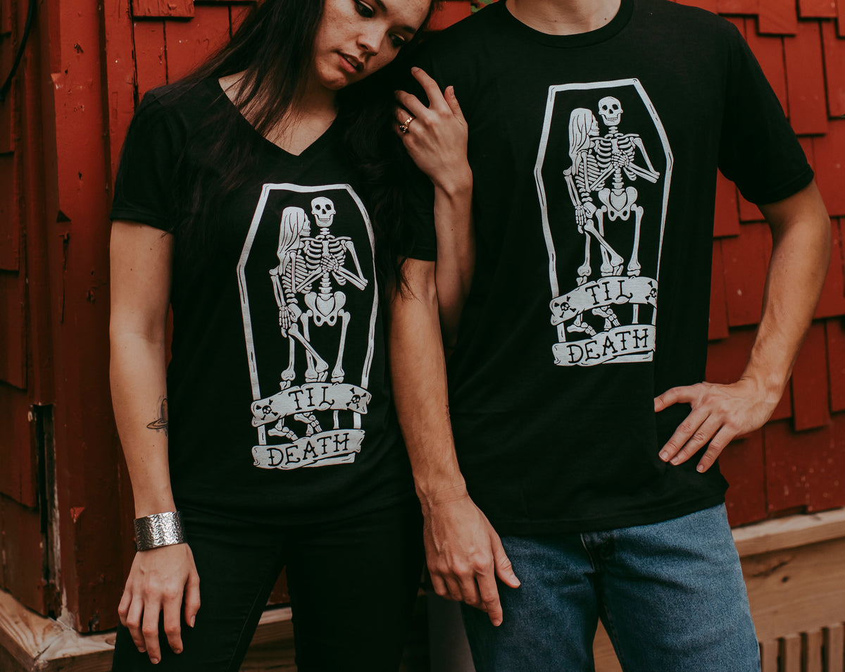 Til Death Tee: Skeleton Couple Womens V-Neck Shirt