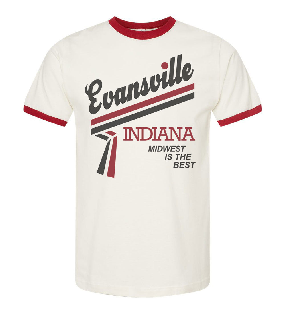 Evansville Ringer Tee: Retro Snack Bag Script Shirt