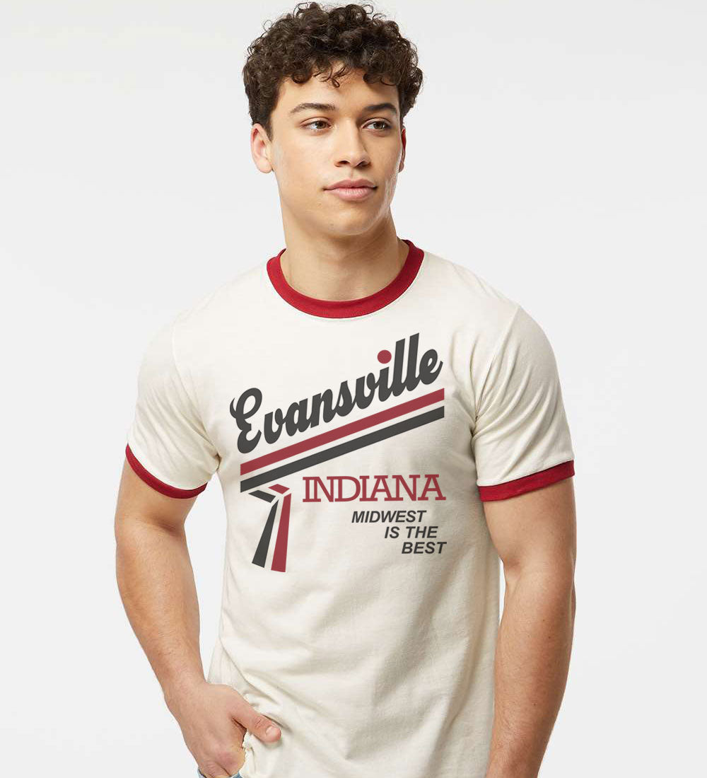 Evansville Ringer Tee: Retro Snack Bag Script Shirt