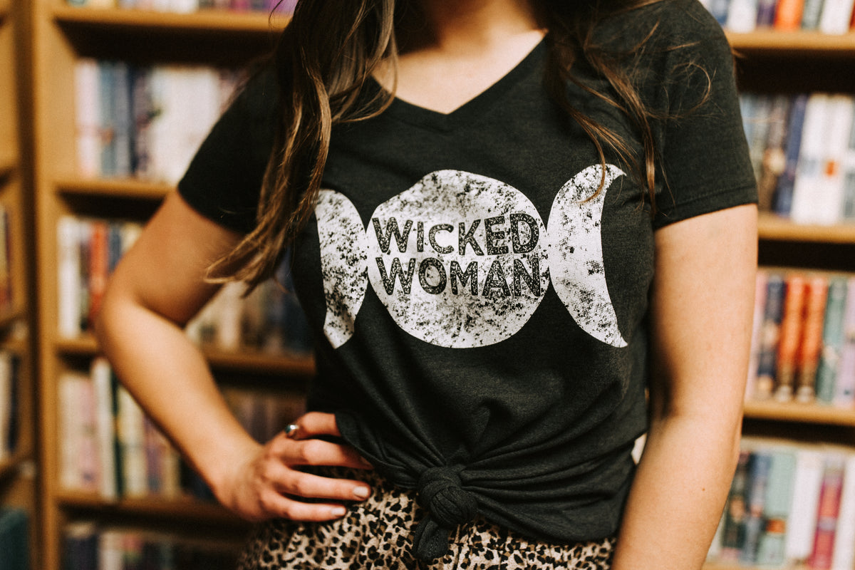 Triple Moon Goddess Tee: Witchy Lunar V-Neck Shirt